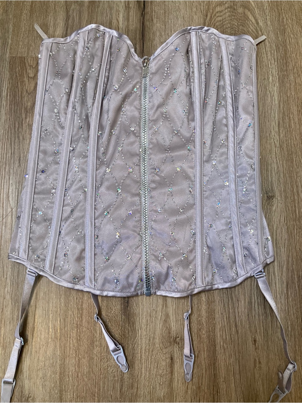 Vintage Shirley of Hollywood Sparkle Mesh Bustier Corset Size 36 Silver